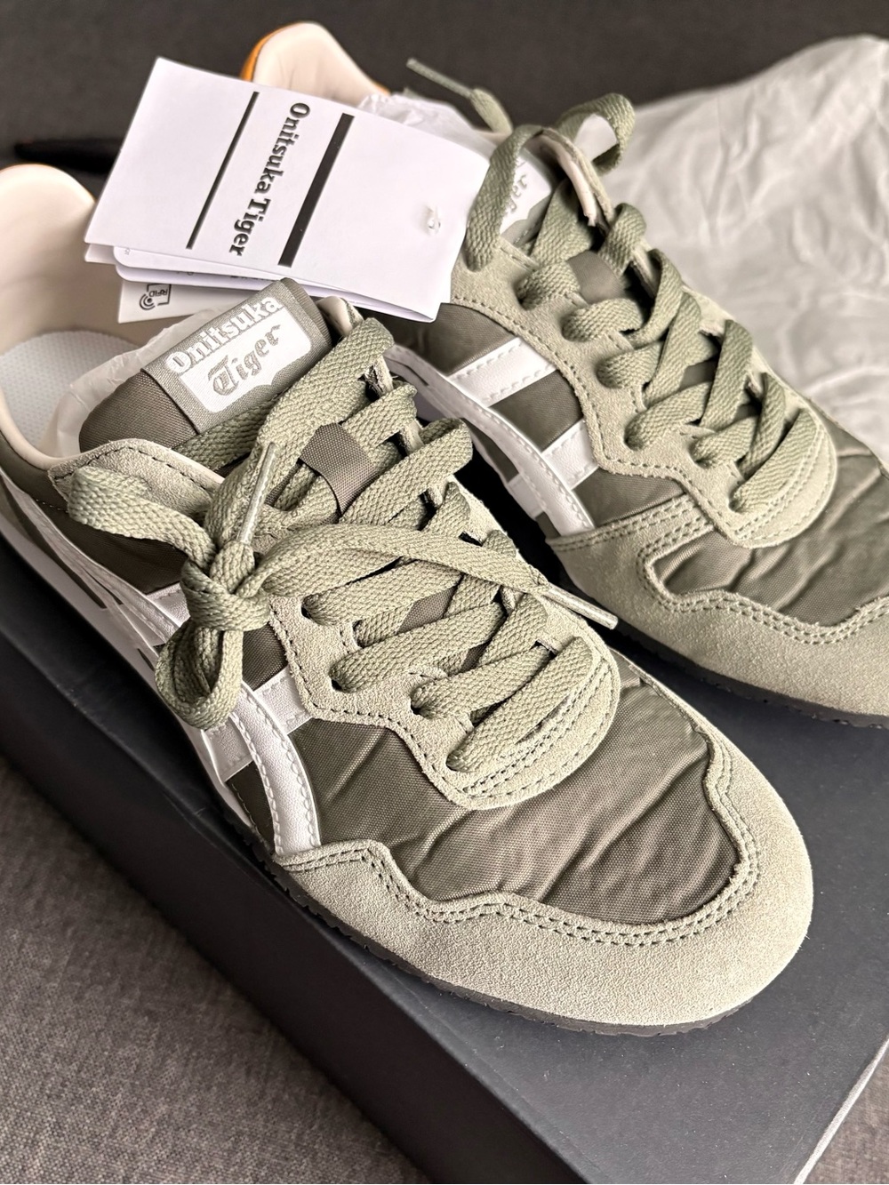Onitsuka Tiger by Asics Sneakers in White, Gray and Black with Yellow Accent.